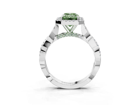 White gold Fancy Green Emerald Cut Halo Twist Band with Four-Prong Setting_75