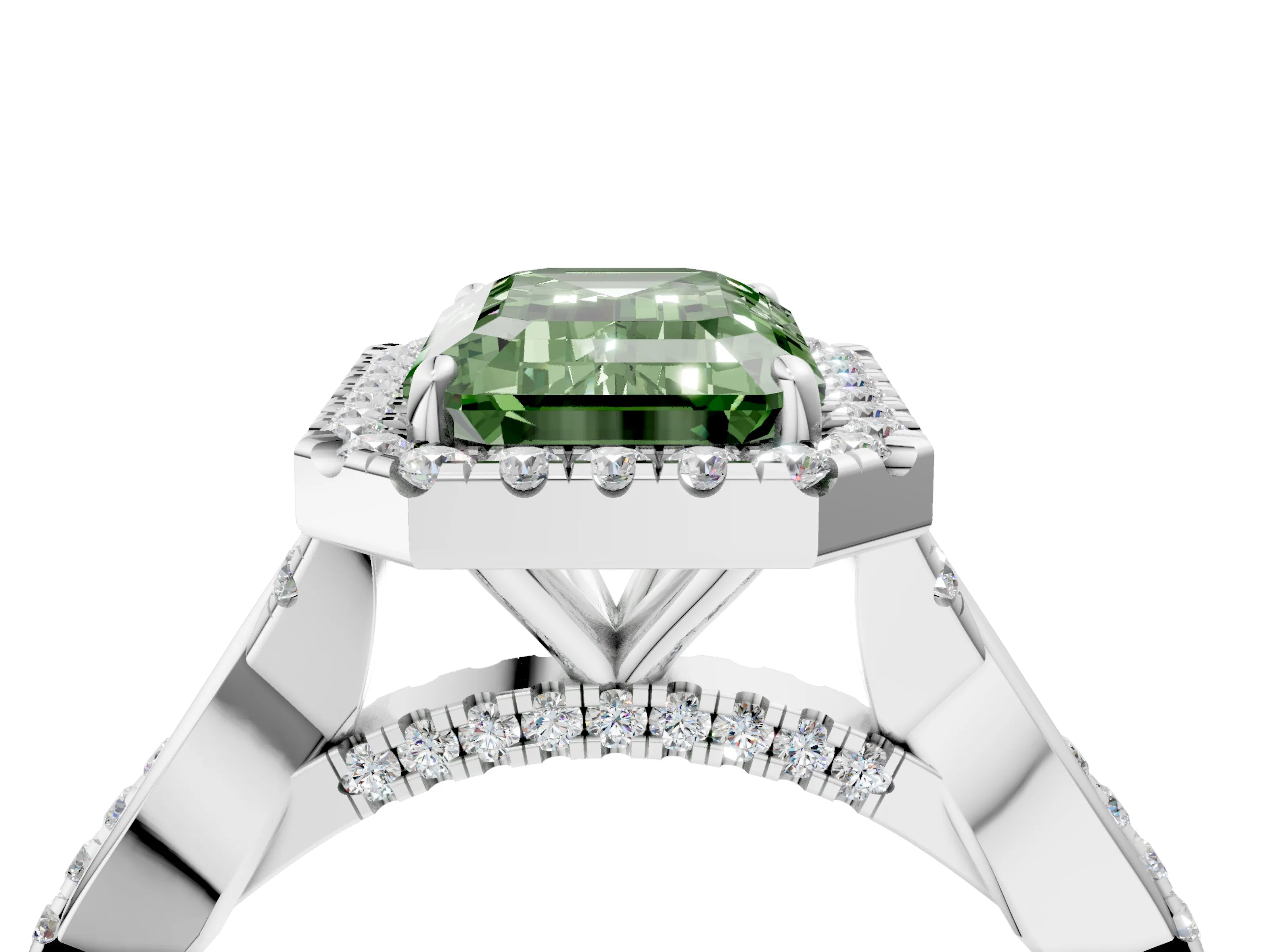White gold Fancy Green Emerald Cut Halo Twist Band with Four-Prong Setting_76