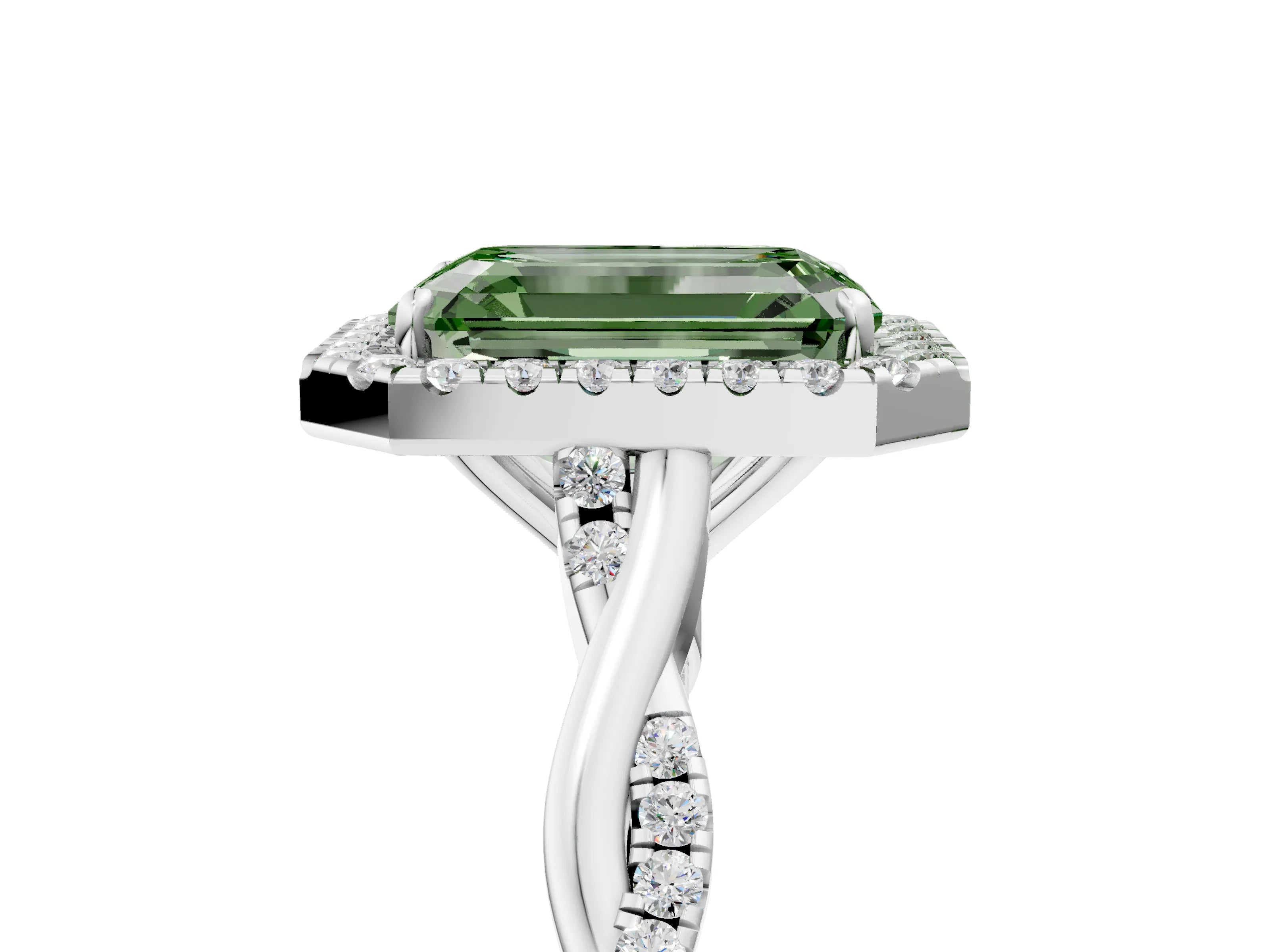 White gold Fancy Green Emerald Cut Halo Twist Band with Four-Prong Setting_77