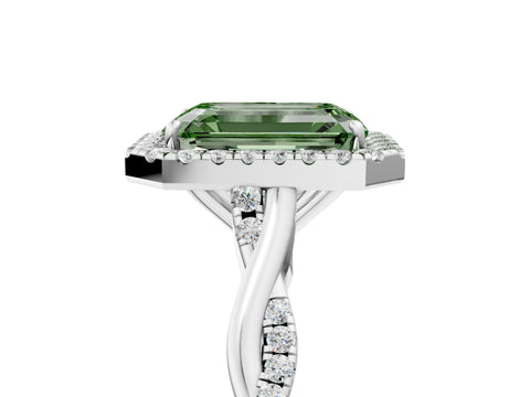 White gold Fancy Green Emerald Cut Halo Twist Band with Four-Prong Setting_77