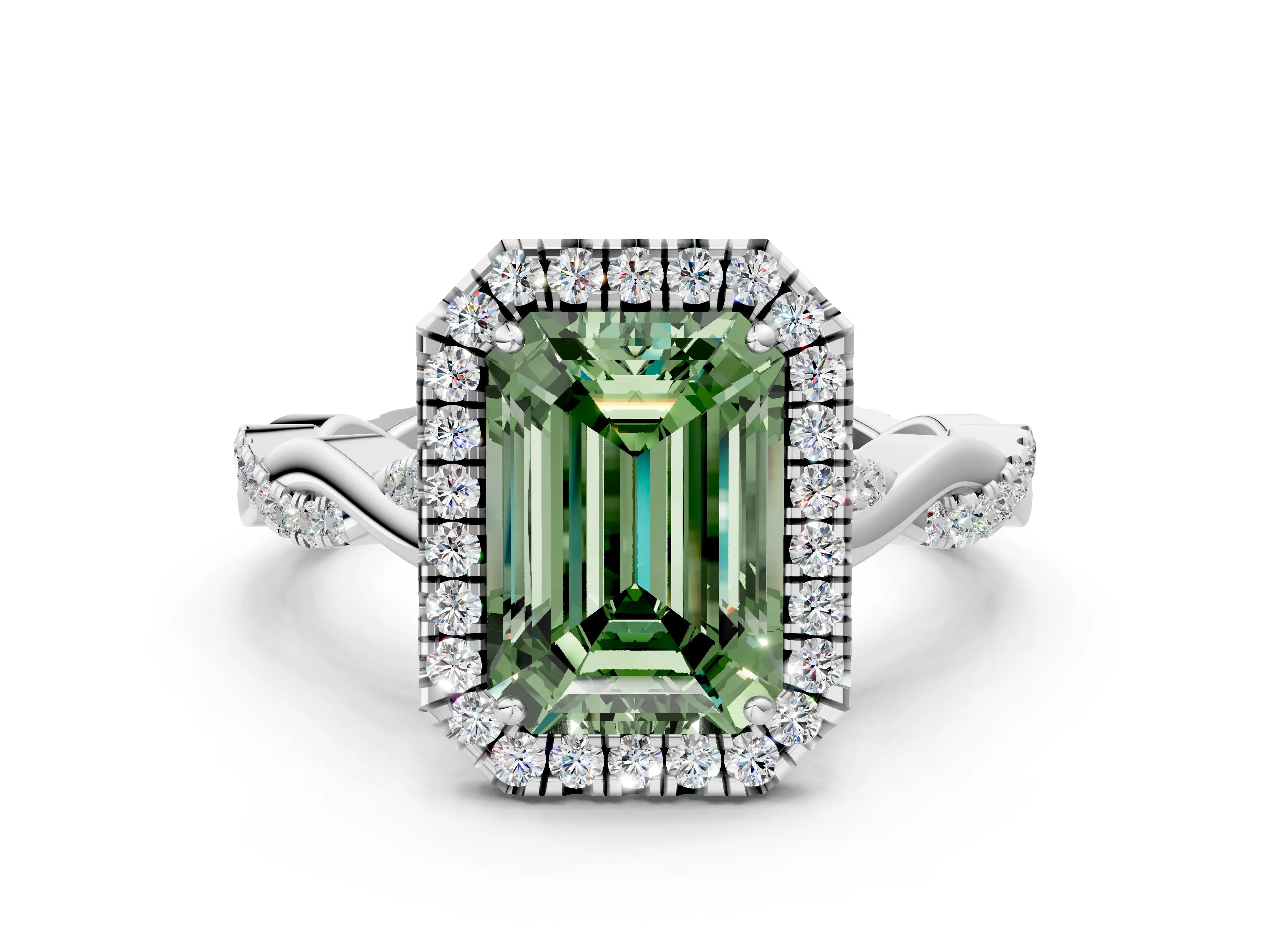 White gold Fancy Green Emerald Cut Halo Twist Band with Four-Prong Setting