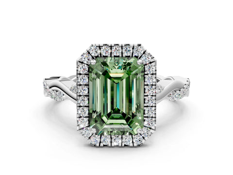 White gold Fancy Green Emerald Cut Halo Twist Band with Four-Prong Setting