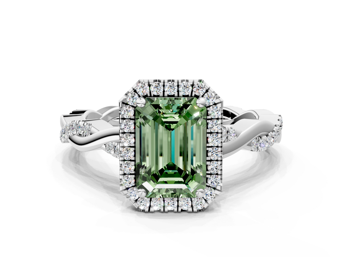 White gold Fancy Green Emerald  Cut Halo Twisted Band Four-Prong Ring_20