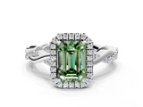 White gold Fancy Green Emerald  Cut Halo Twisted Band Four-Prong Ring_20