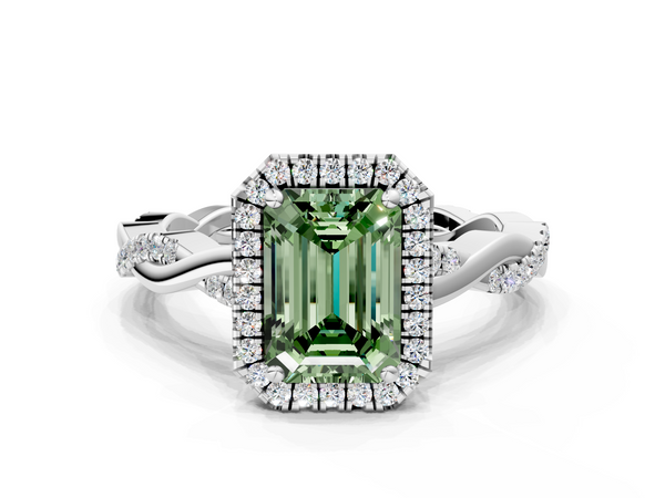 White gold Fancy Green Emerald  Cut Halo Twisted Band Four-Prong Ring