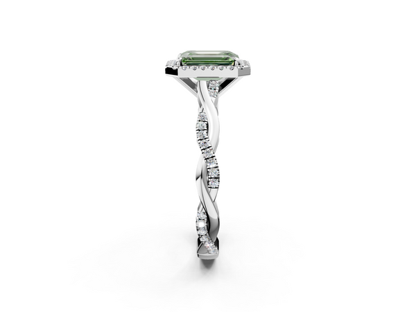 White gold Fancy Green Emerald  Cut Halo Twisted Band Four-Prong Ring