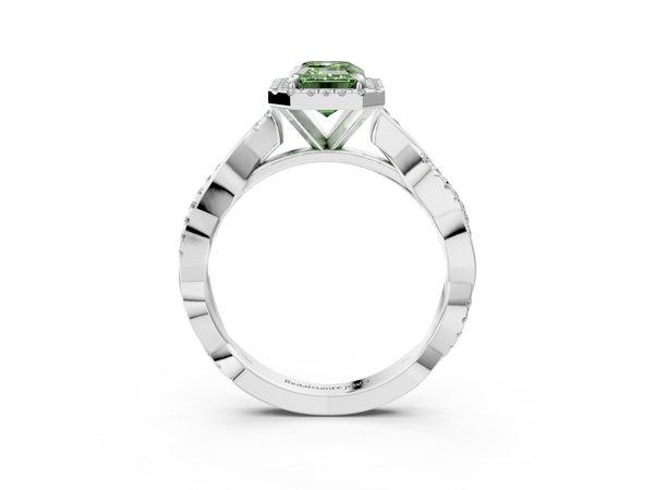 White gold Fancy Green Emerald  Cut Halo Twisted Band Four-Prong Ring