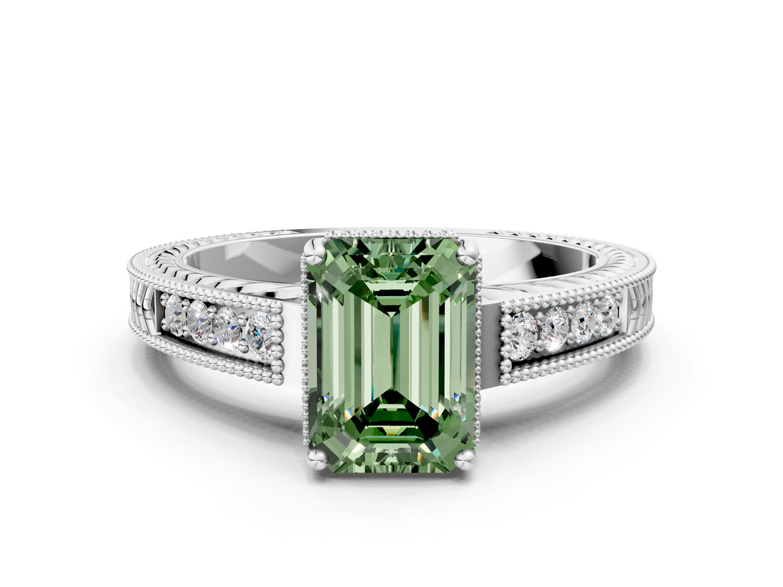 White gold Fancy Green Emerald  Cut Milgrain Channel Set Engagement Ring with Solitaire Prong Setting_81