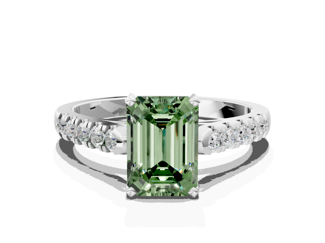 White gold Fancy Green Emerald  Cut Pavé Band Solitaire Ring with Four-Prong Setting_39