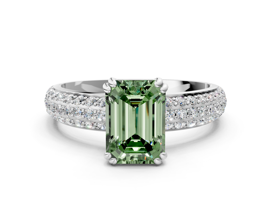 White gold Fancy Green Emerald  Cut Pave Diamond Engagement Ring with Channel Set Band and Four-Prong Setting_19