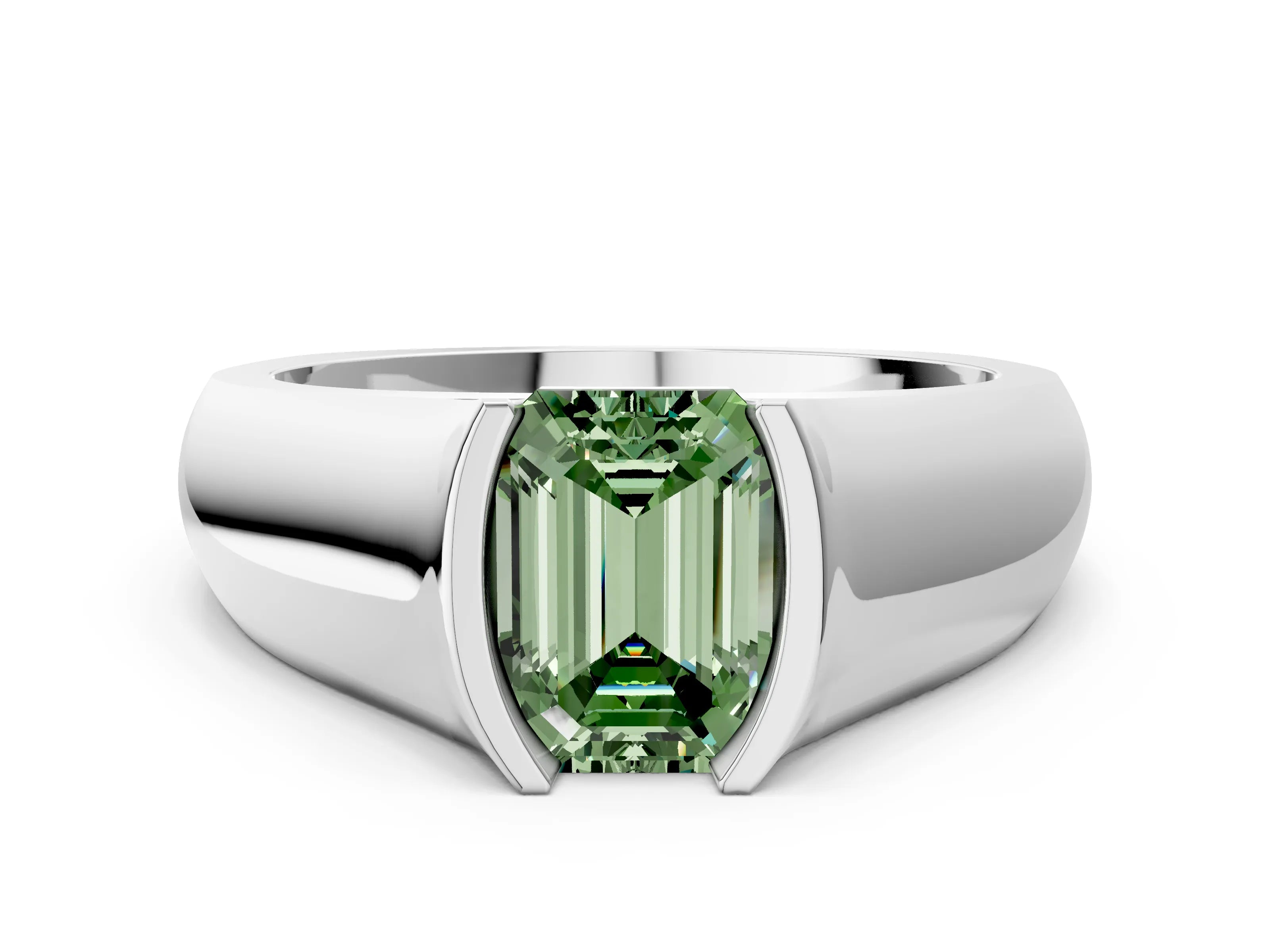 White gold Fancy Green Emerald Cut Solitaire Bezel Set Diamond Ring with Wide Band