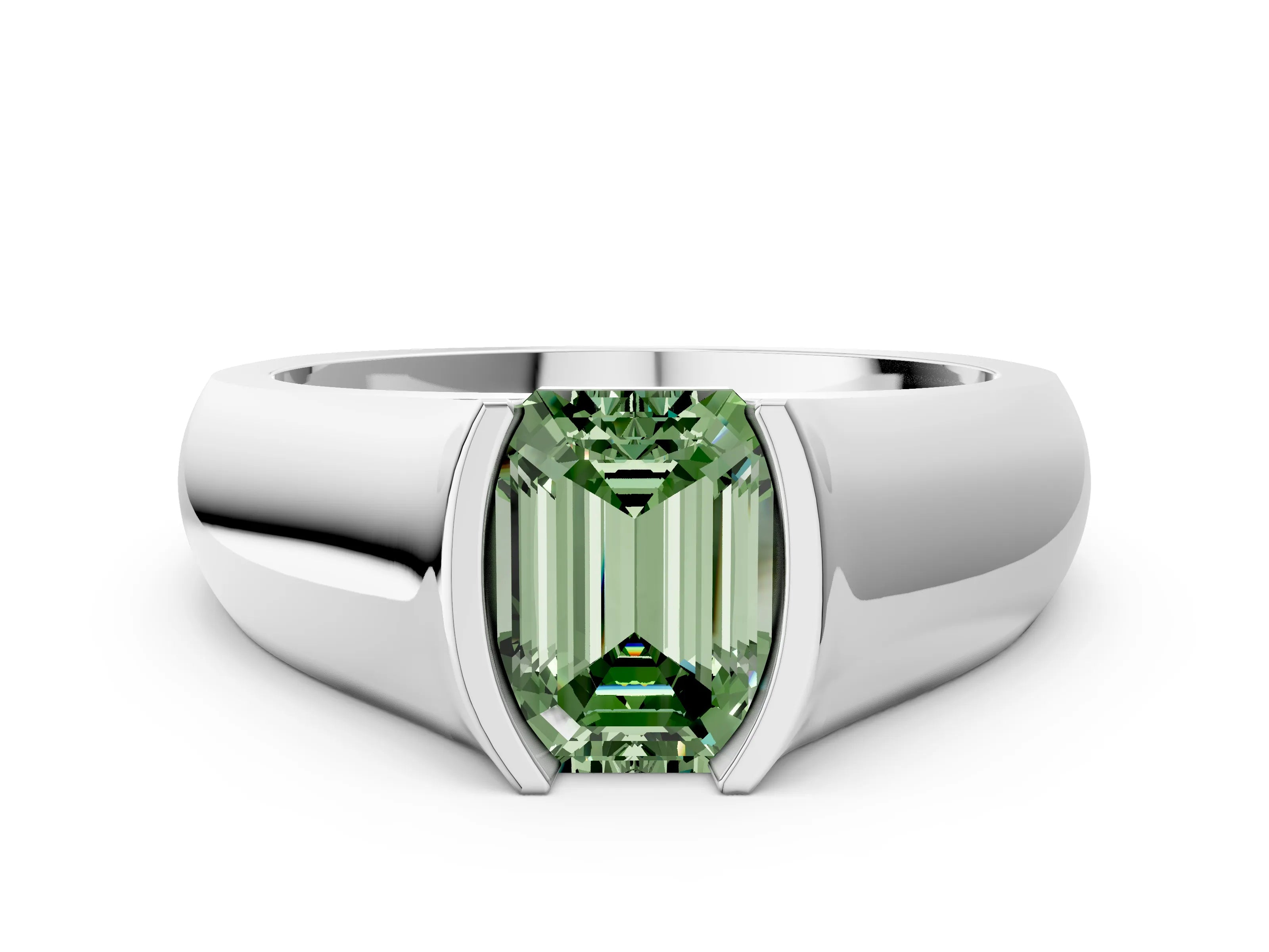 White gold Fancy Green Emerald Cut Solitaire Bezel Set Diamond Ring with Wide Band_12