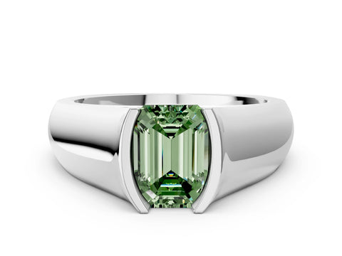 White gold Fancy Green Emerald Cut Solitaire Bezel Set Diamond Ring with Wide Band_12