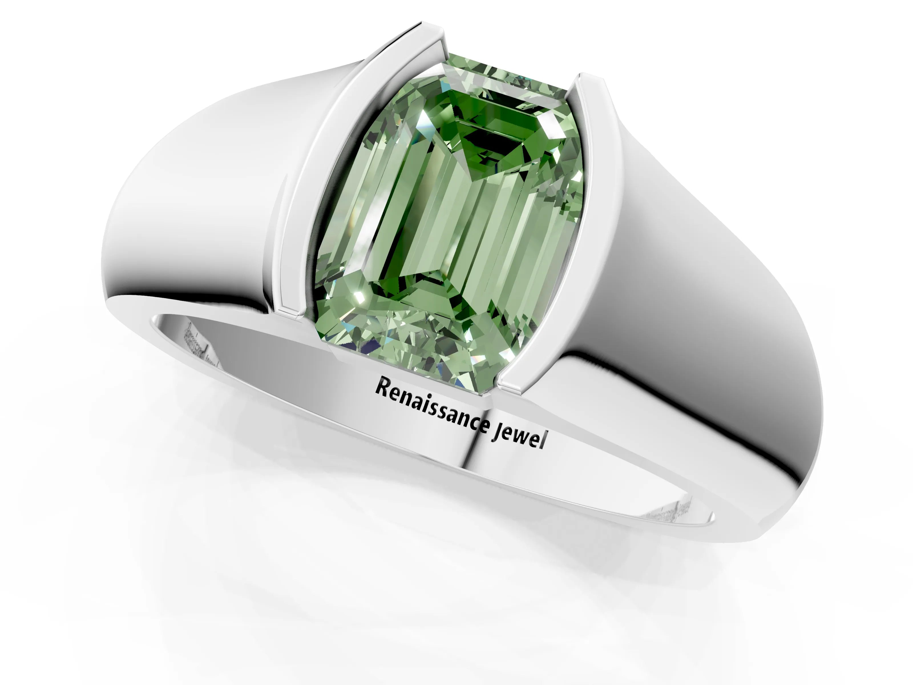 White gold Fancy Green Emerald Cut Solitaire Bezel Set Diamond Ring with Wide Band_13