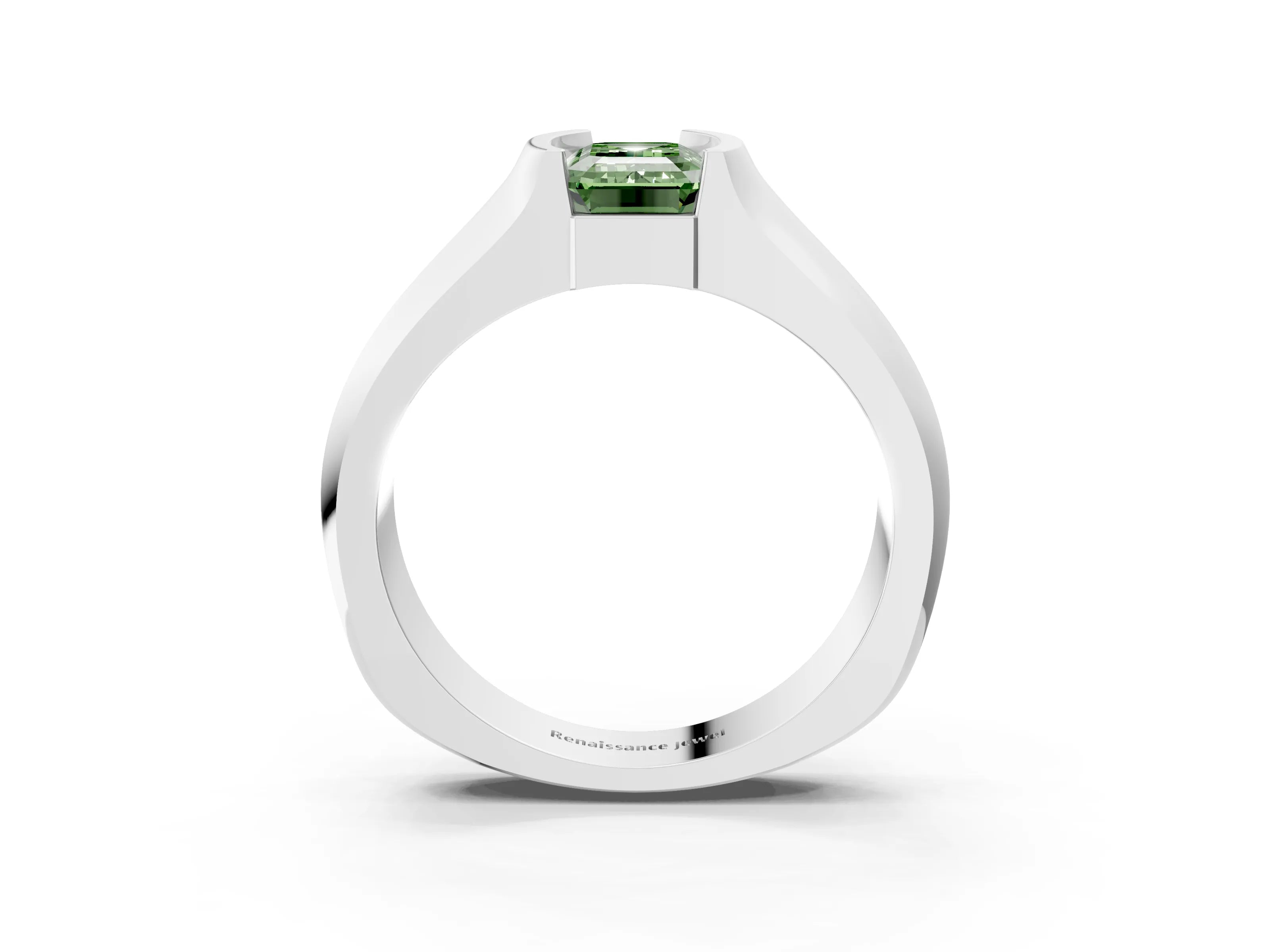 White gold Fancy Green Emerald Cut Solitaire Bezel Set Diamond Ring with Wide Band_15