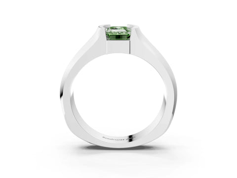 White gold Fancy Green Emerald Cut Solitaire Bezel Set Diamond Ring with Wide Band_15