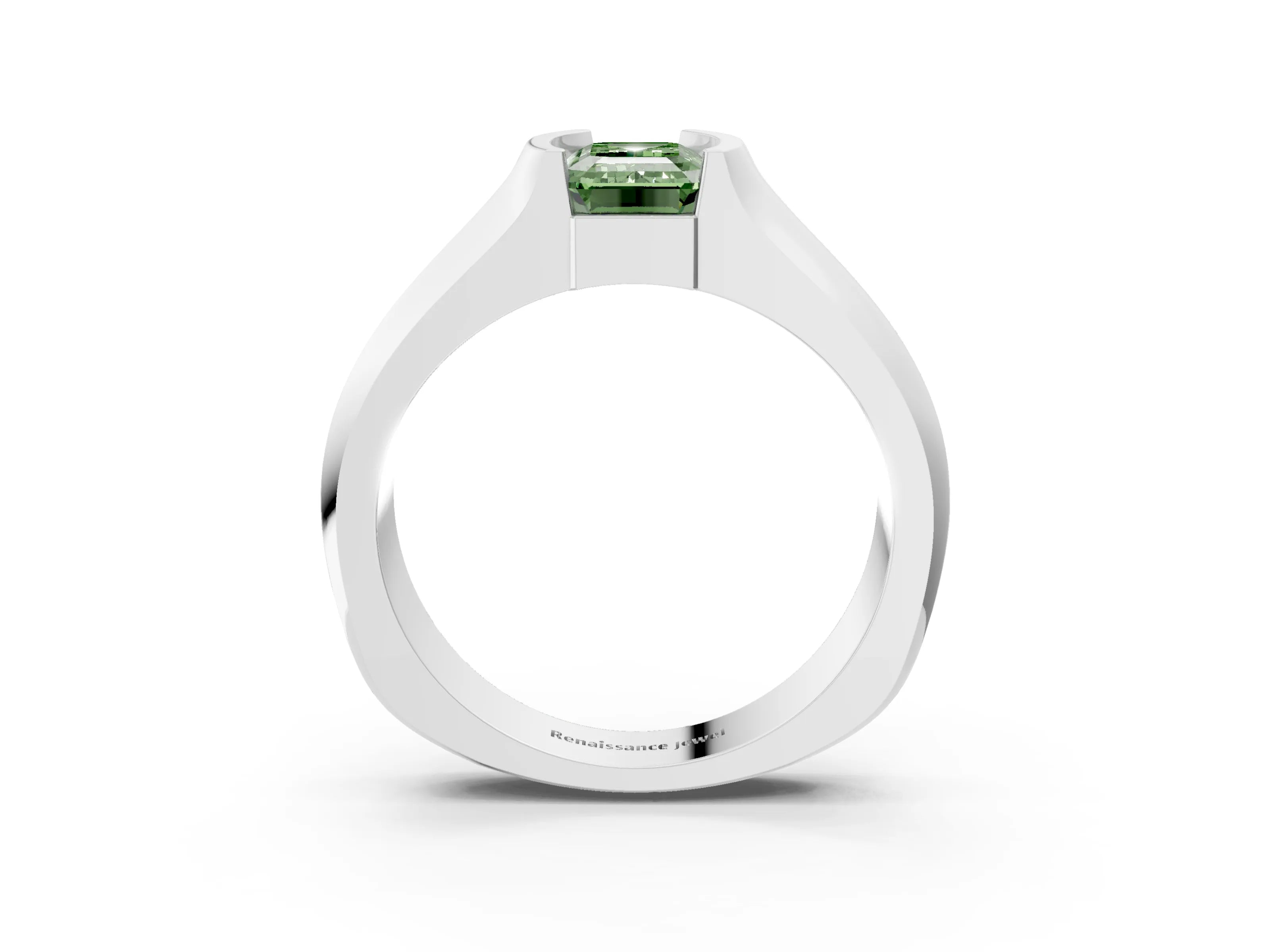 White gold Fancy Green Emerald Cut Solitaire Bezel Set Diamond Ring with Wide Band_3