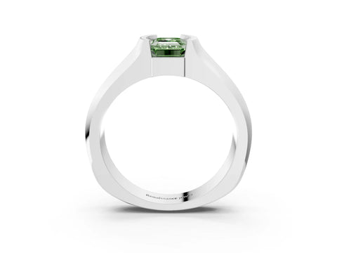 White gold Fancy Green Emerald Cut Solitaire Bezel Set Diamond Ring with Wide Band_3