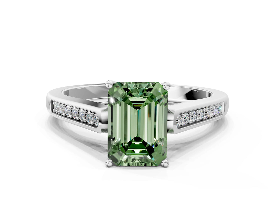 White gold Fancy Green Emerald Cut Solitaire Cathedral Diamond Engagement Ring with Channel-Set Band and Four-Prong Setting_15
