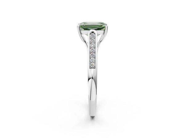White gold Fancy Green Emerald Cut Solitaire Cathedral Diamond Engagement Ring with Channel-Set Band and Four-Prong Setting