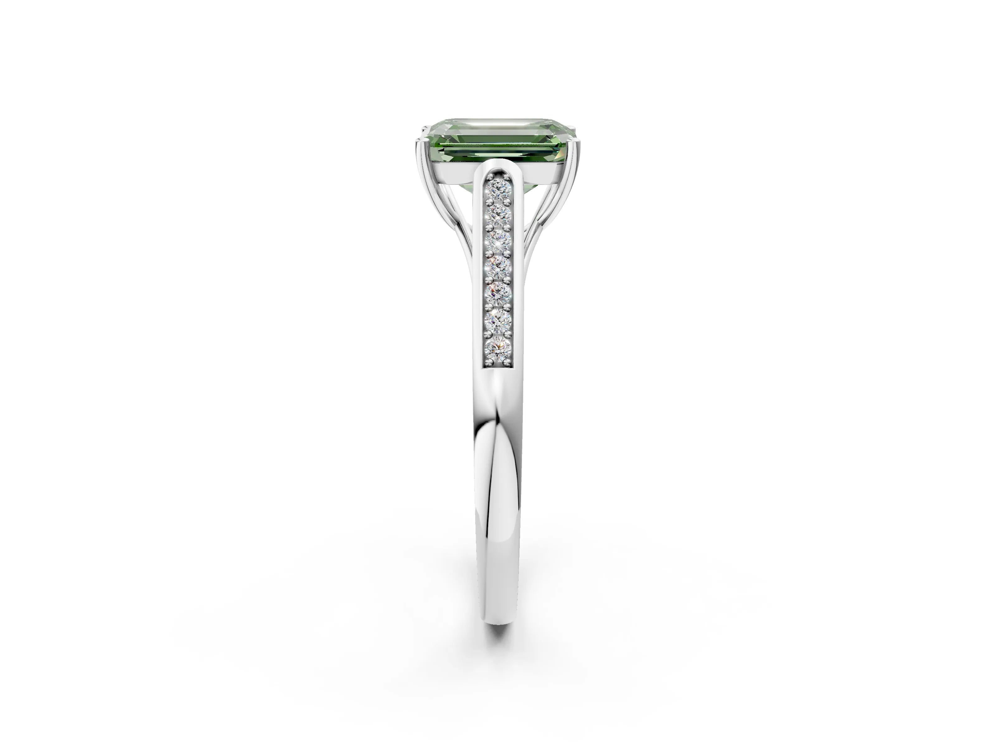 White gold Fancy Green Emerald Cut Solitaire Cathedral Diamond Engagement Ring with Channel-Set Band and Four-Prong Setting_17