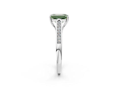 White gold Fancy Green Emerald Cut Solitaire Cathedral Diamond Engagement Ring with Channel-Set Band and Four-Prong Setting_17