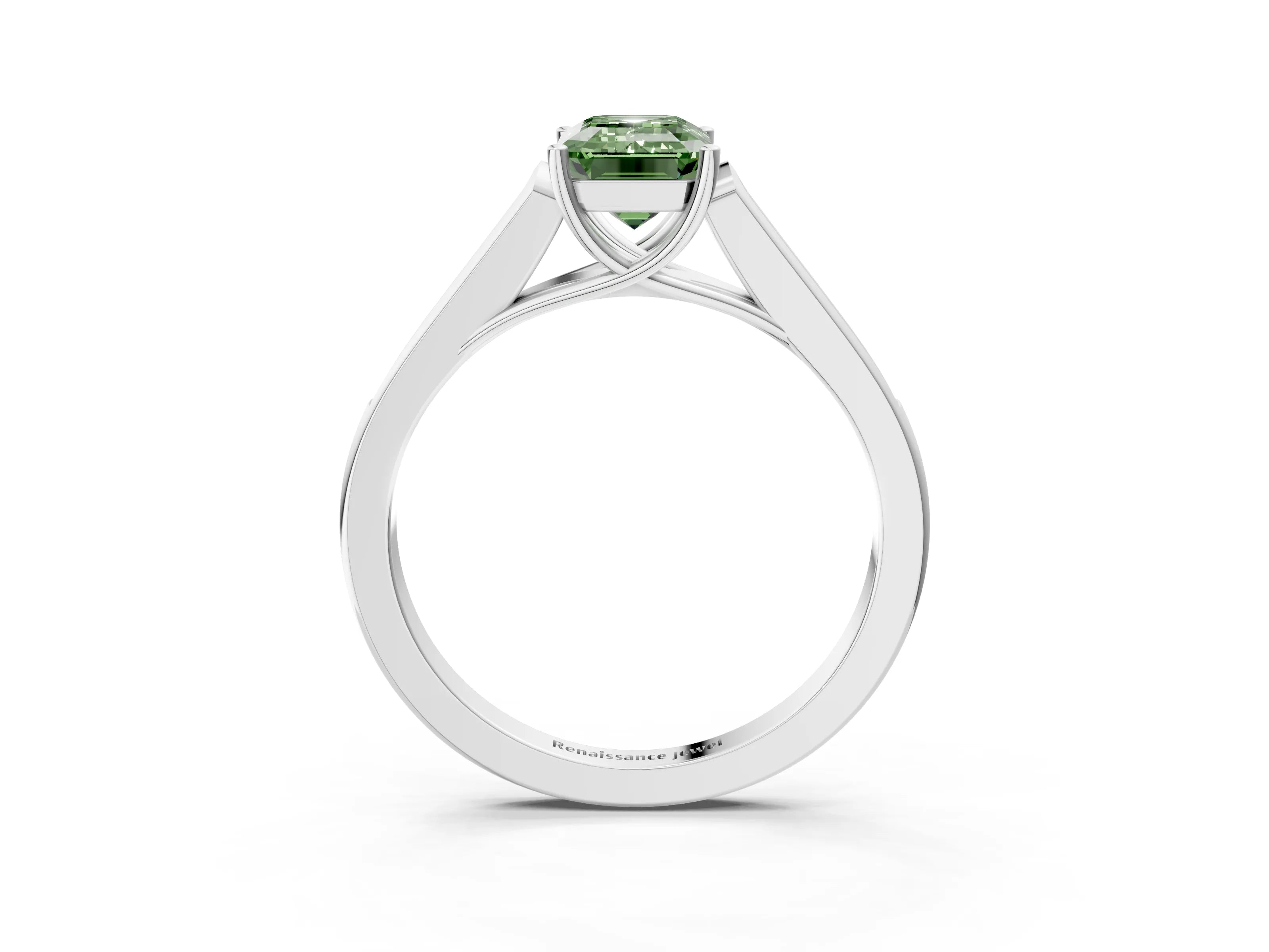 White gold Fancy Green Emerald Cut Solitaire Cathedral Diamond Engagement Ring with Channel-Set Band and Four-Prong Setting_18