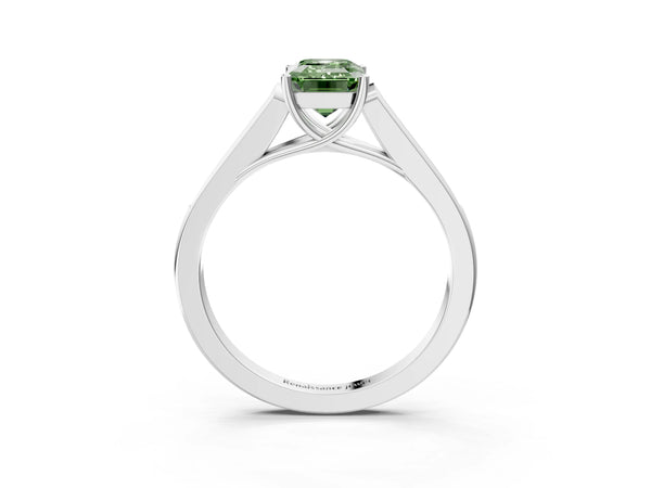 White gold Fancy Green Emerald Cut Solitaire Cathedral Diamond Engagement Ring with Channel-Set Band and Four-Prong Setting