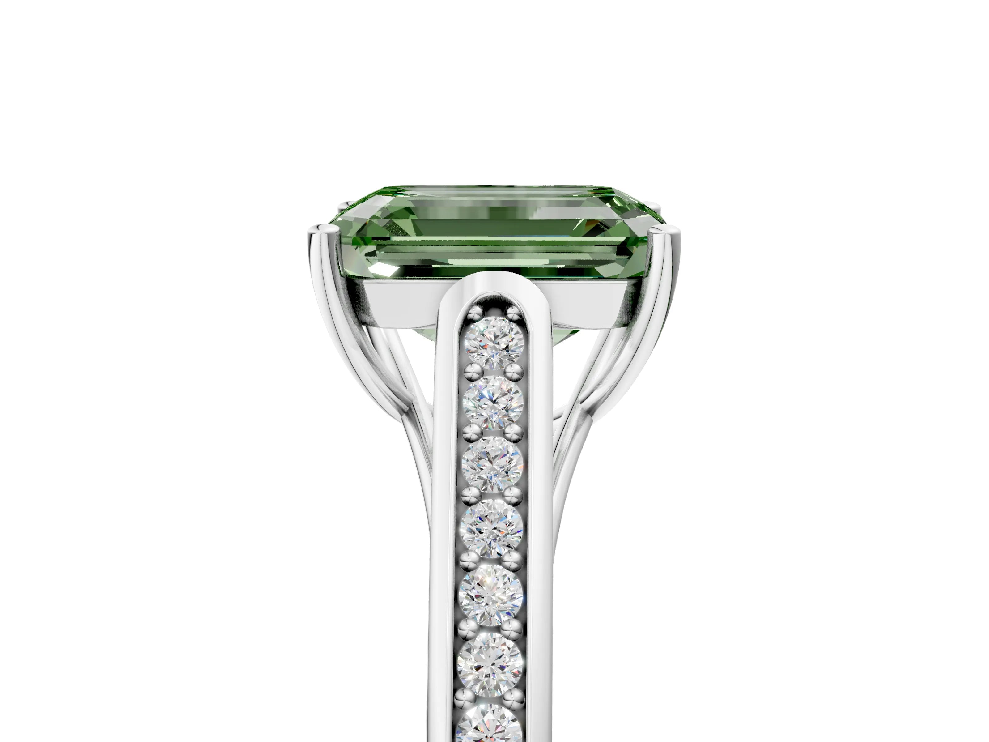 White gold Fancy Green Emerald Cut Solitaire Cathedral Diamond Engagement Ring with Channel-Set Band and Four-Prong Setting_20