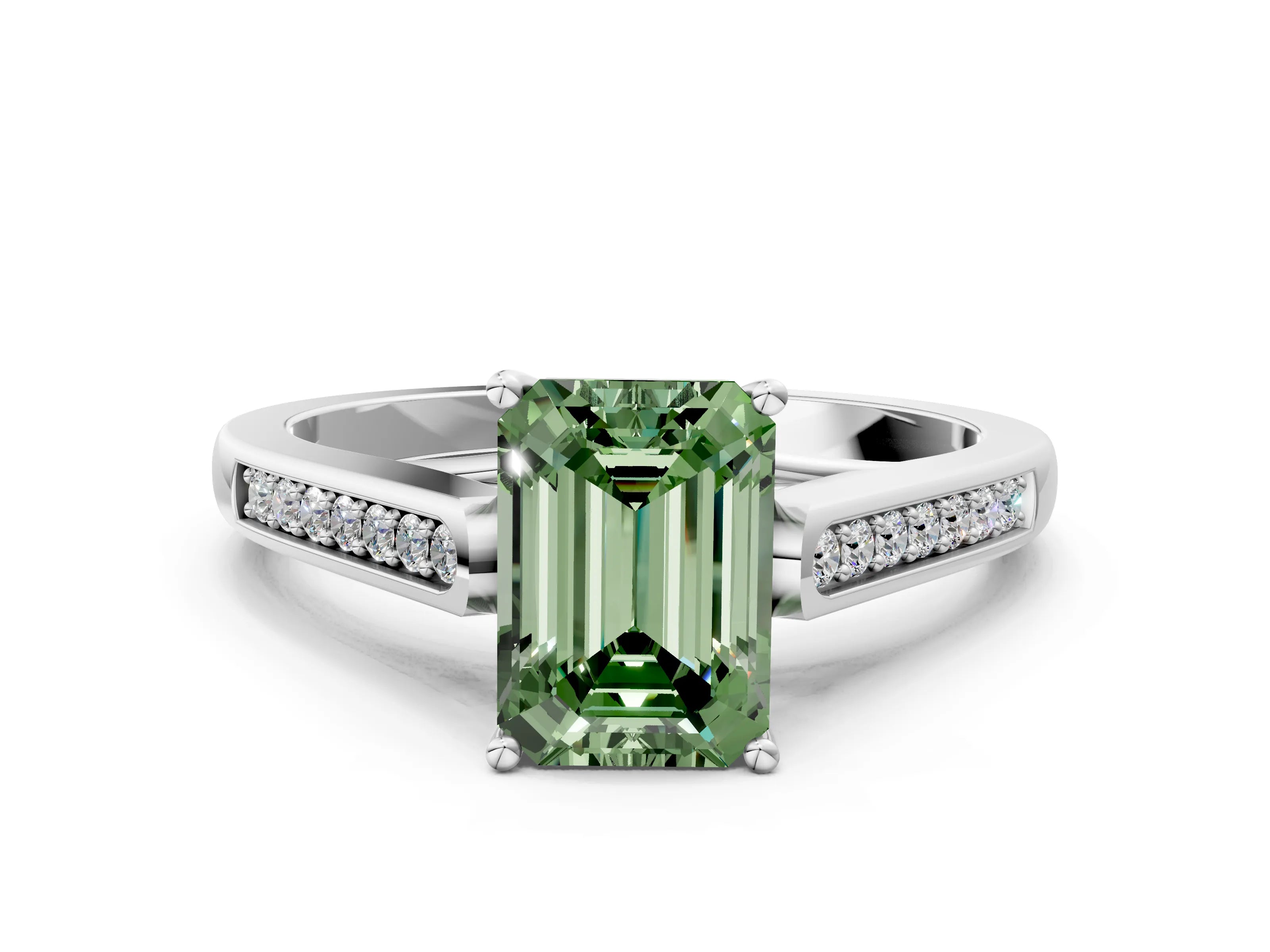 White gold Fancy Green Emerald Cut Solitaire Cathedral Diamond Engagement Ring with Channel-Set Band and Four-Prong Setting_3