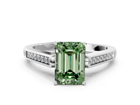 White gold Fancy Green Emerald Cut Solitaire Cathedral Diamond Engagement Ring with Channel-Set Band and Four-Prong Setting_3