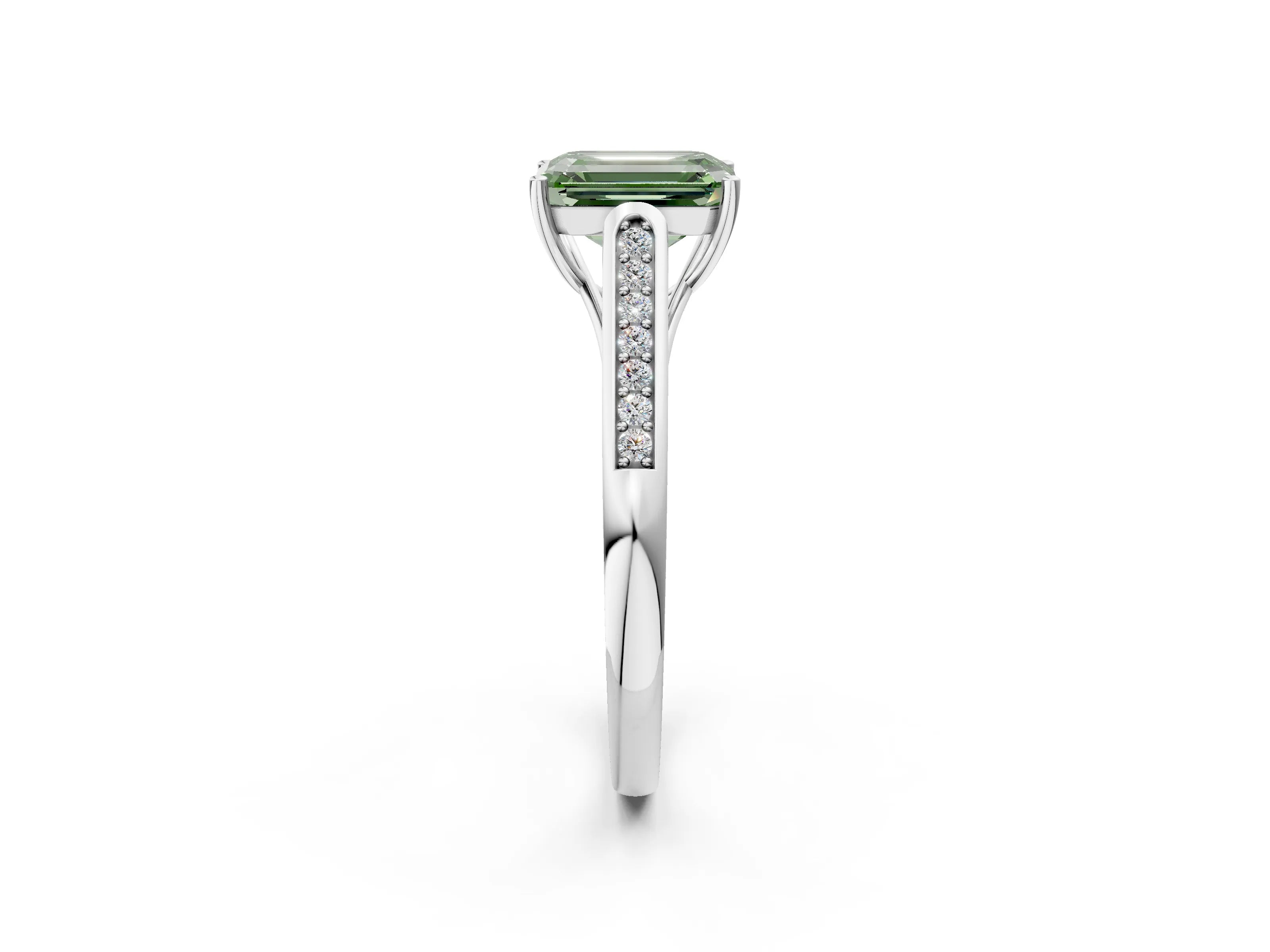 White gold Fancy Green Emerald Cut Solitaire Cathedral Diamond Engagement Ring with Channel-Set Band and Four-Prong Setting_5