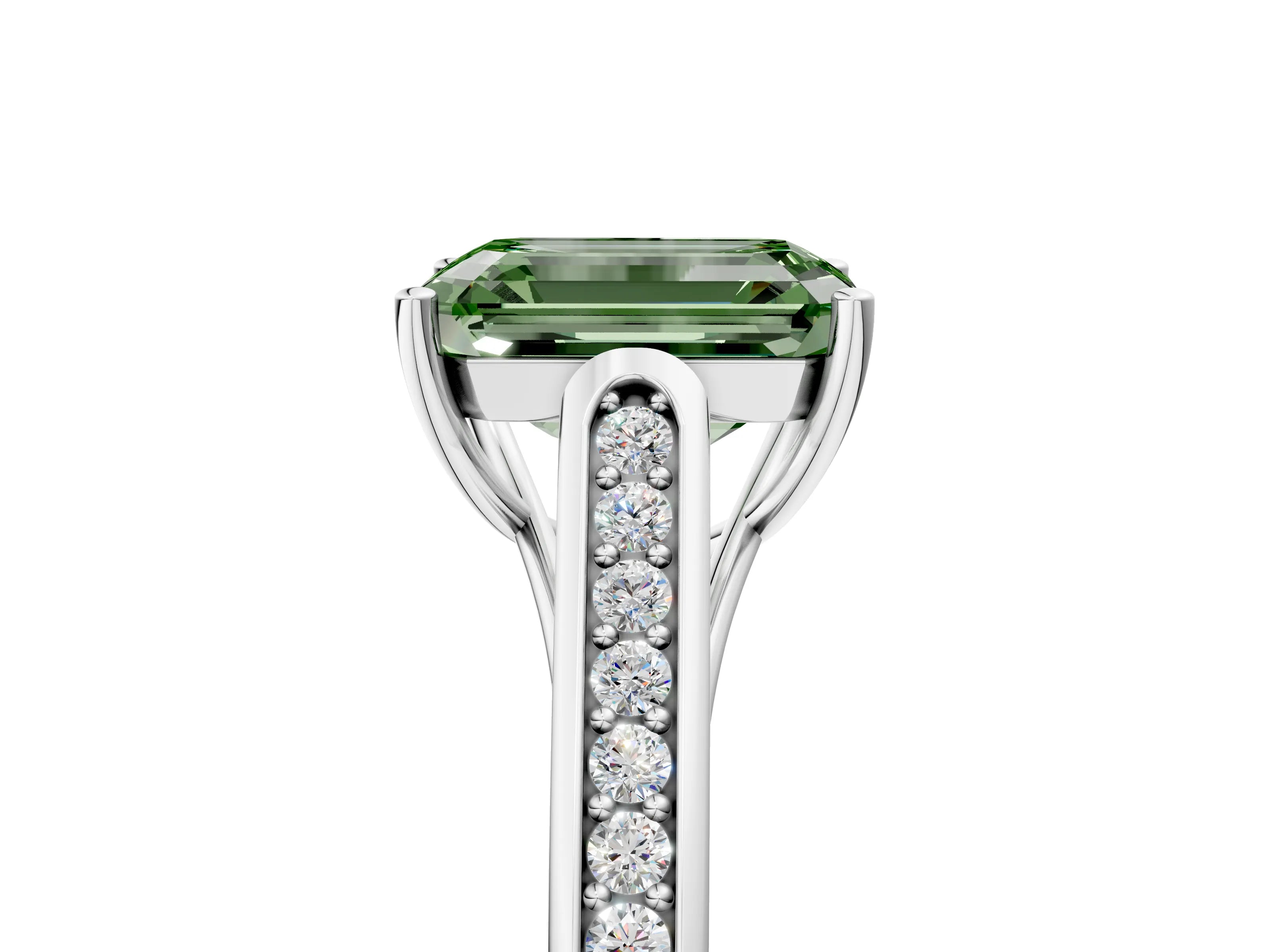 White gold Fancy Green Emerald Cut Solitaire Cathedral Diamond Engagement Ring with Channel-Set Band and Four-Prong Setting_8