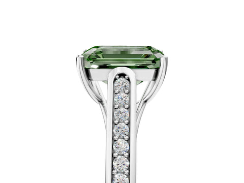 White gold Fancy Green Emerald Cut Solitaire Cathedral Diamond Engagement Ring with Channel-Set Band and Four-Prong Setting_8
