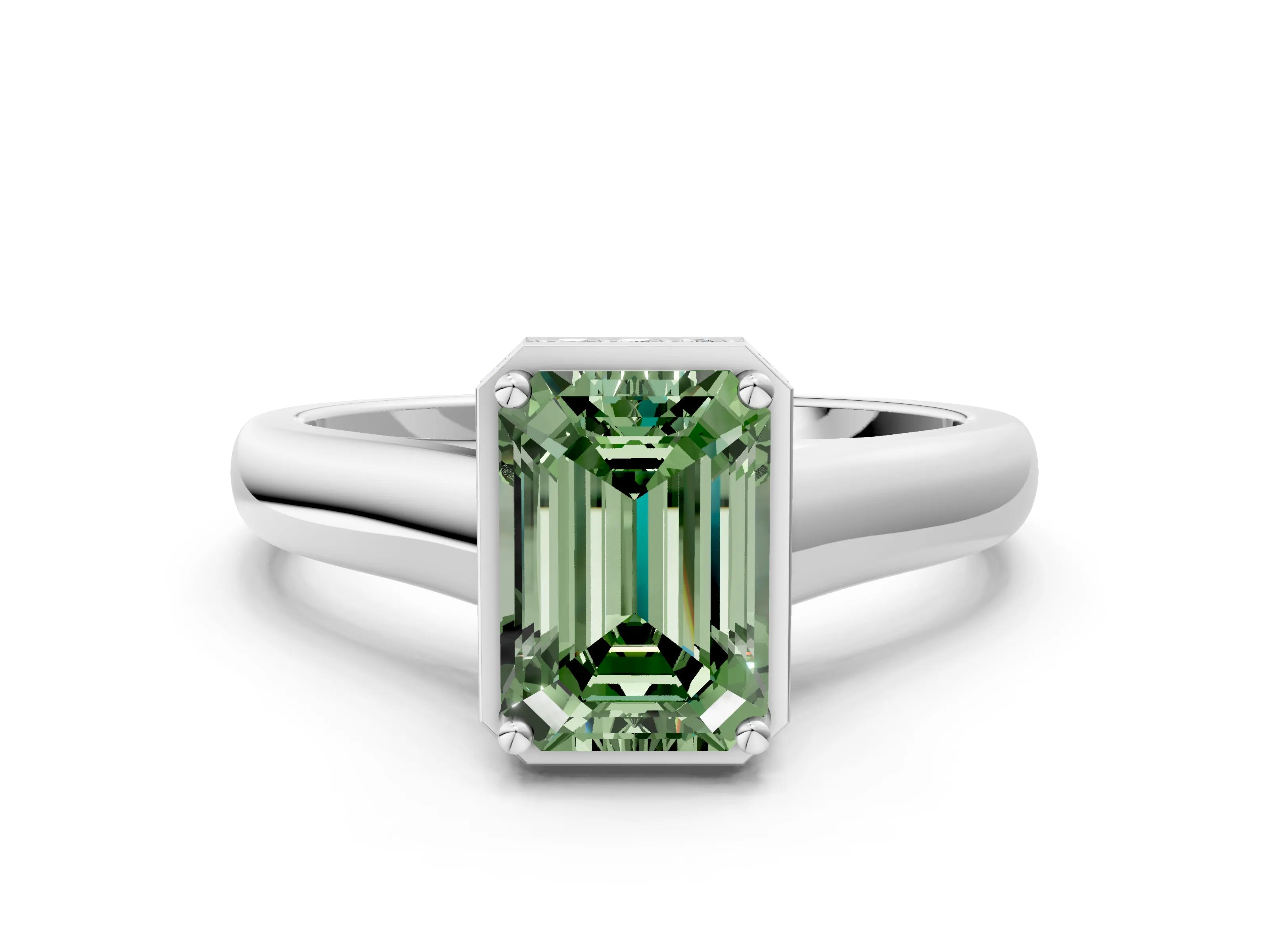 White gold Fancy Green Emerald Cut Solitaire Diamond Engagement Ring with Four-Prong Setting and Tapered Band