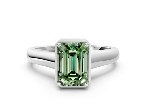 Platinum Fancy Green Emerald Cut Solitaire Diamond Engagement Ring with Four-Prong Setting and Tapered Band