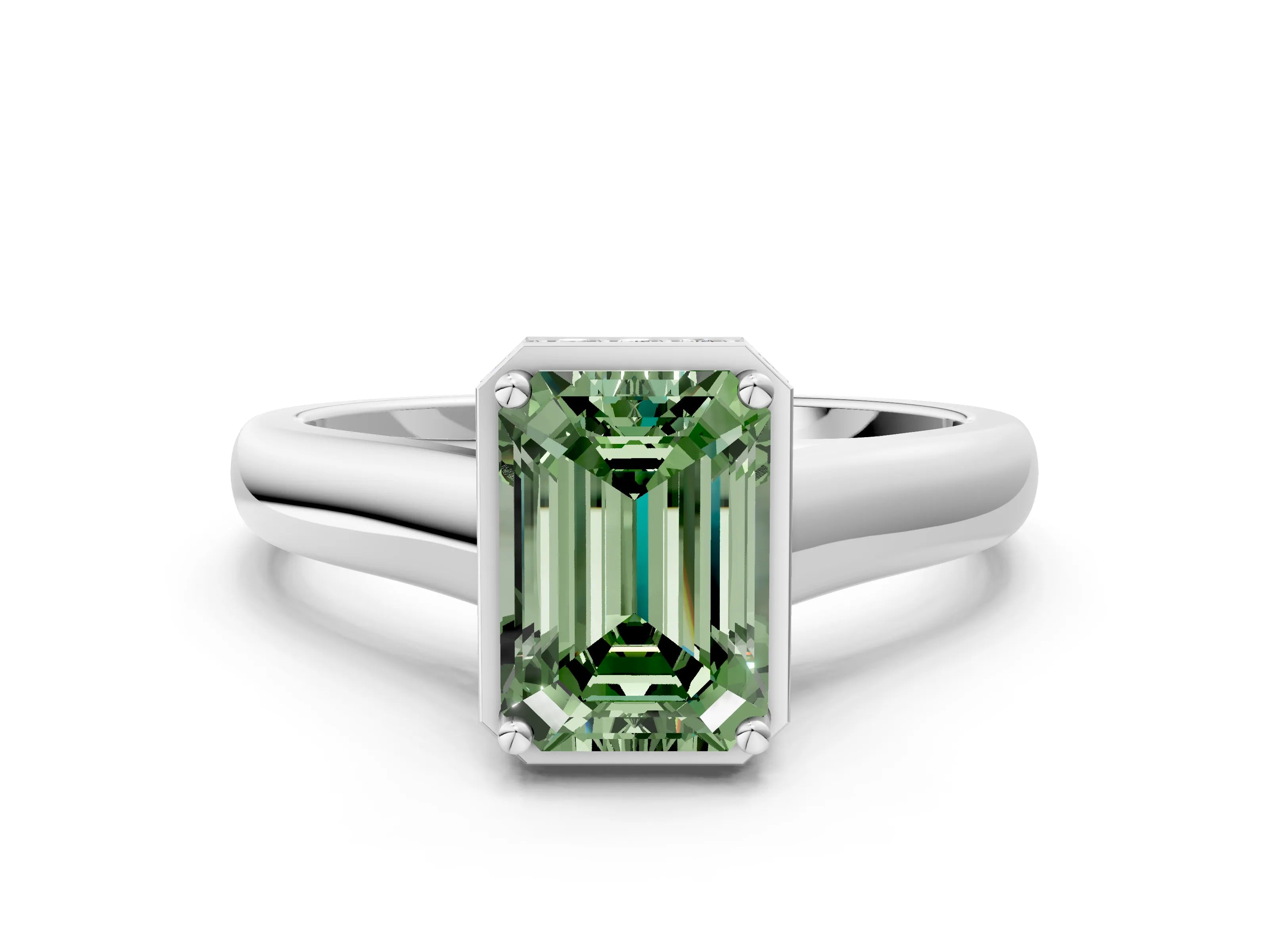 White gold Fancy Green Emerald Cut Solitaire Diamond Engagement Ring with Four-Prong Setting and Tapered Band_12
