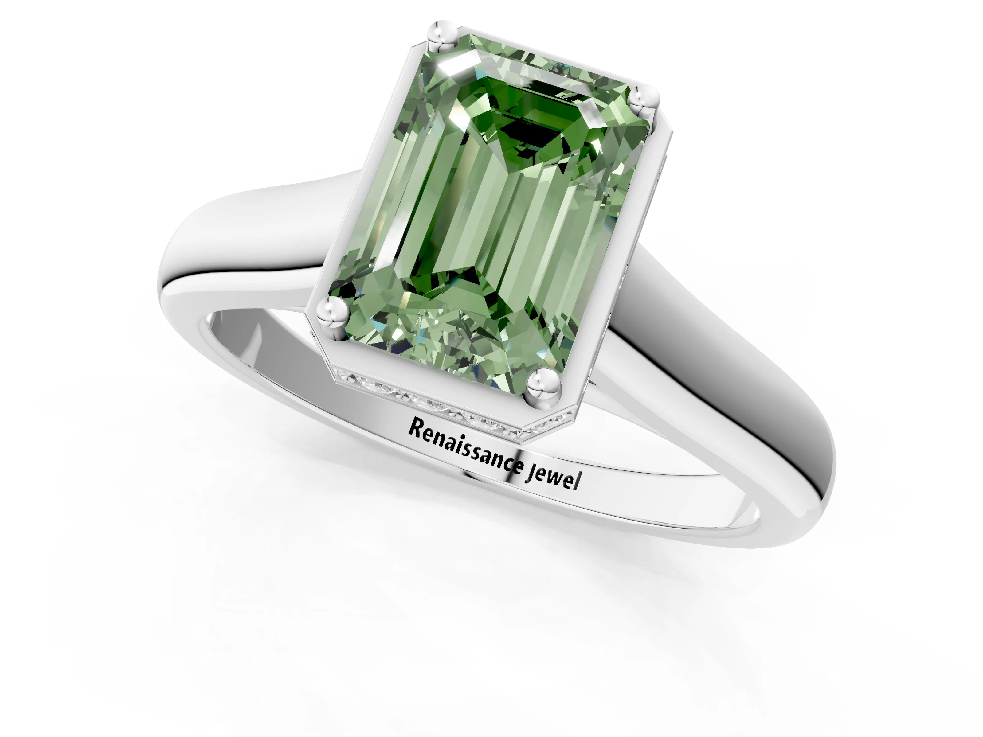 White gold Fancy Green Emerald Cut Solitaire Diamond Engagement Ring with Four-Prong Setting and Tapered Band_13