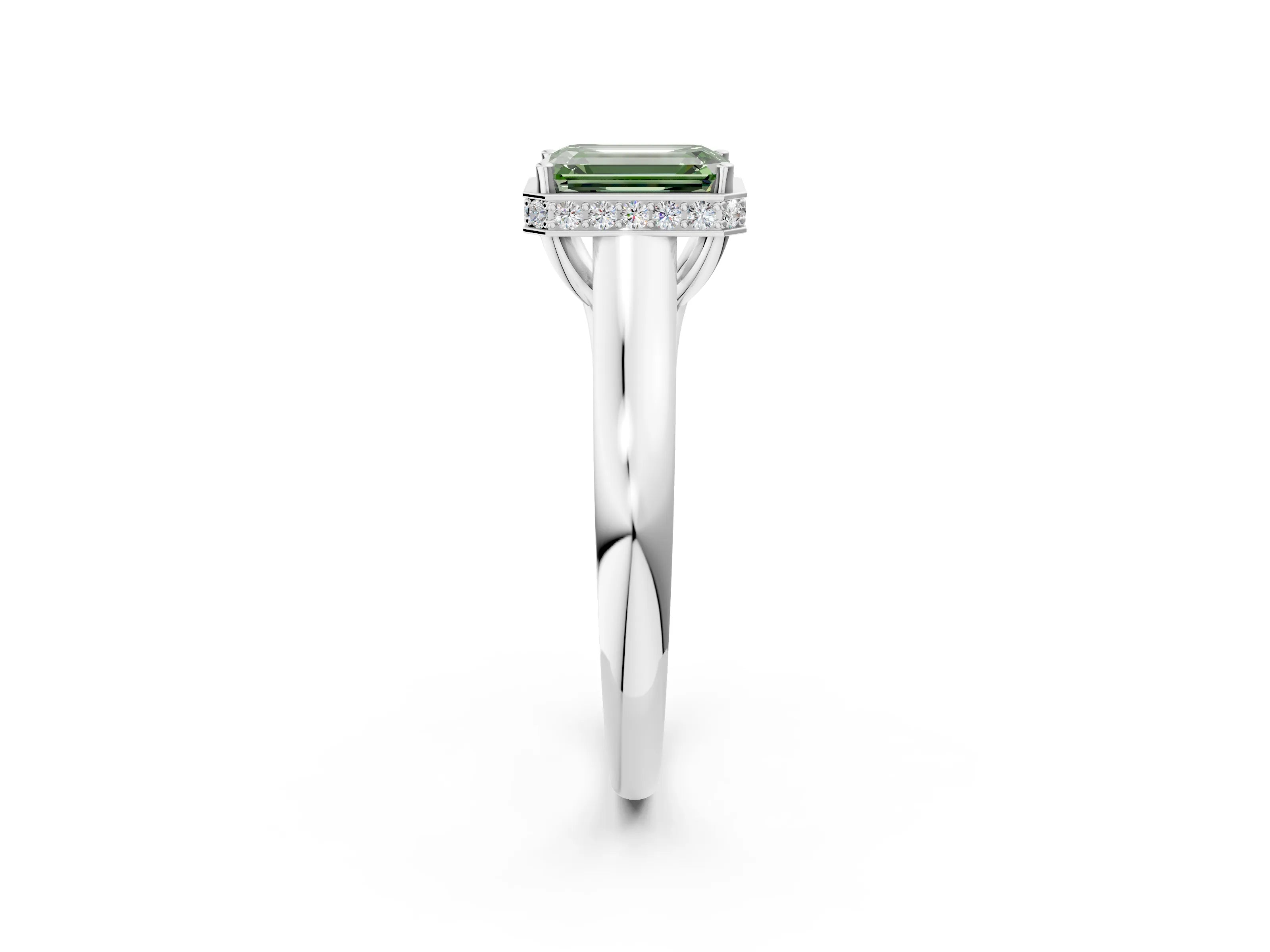 White gold Fancy Green Emerald Cut Solitaire Diamond Engagement Ring with Four-Prong Setting and Tapered Band_14