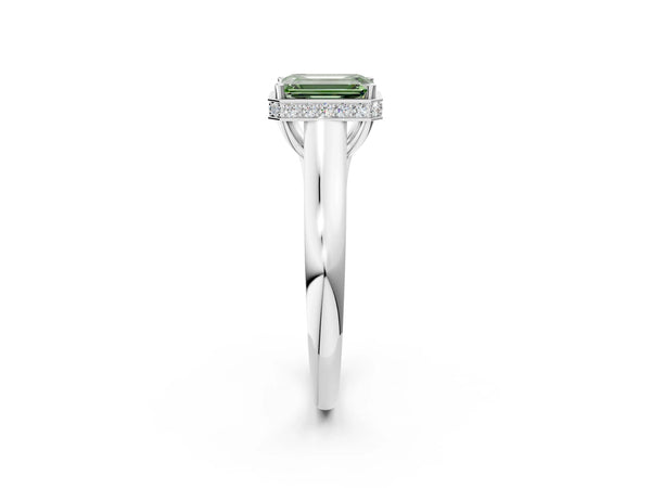 Platinum Fancy Green Emerald Cut Solitaire Diamond Engagement Ring with Four-Prong Setting and Tapered Band