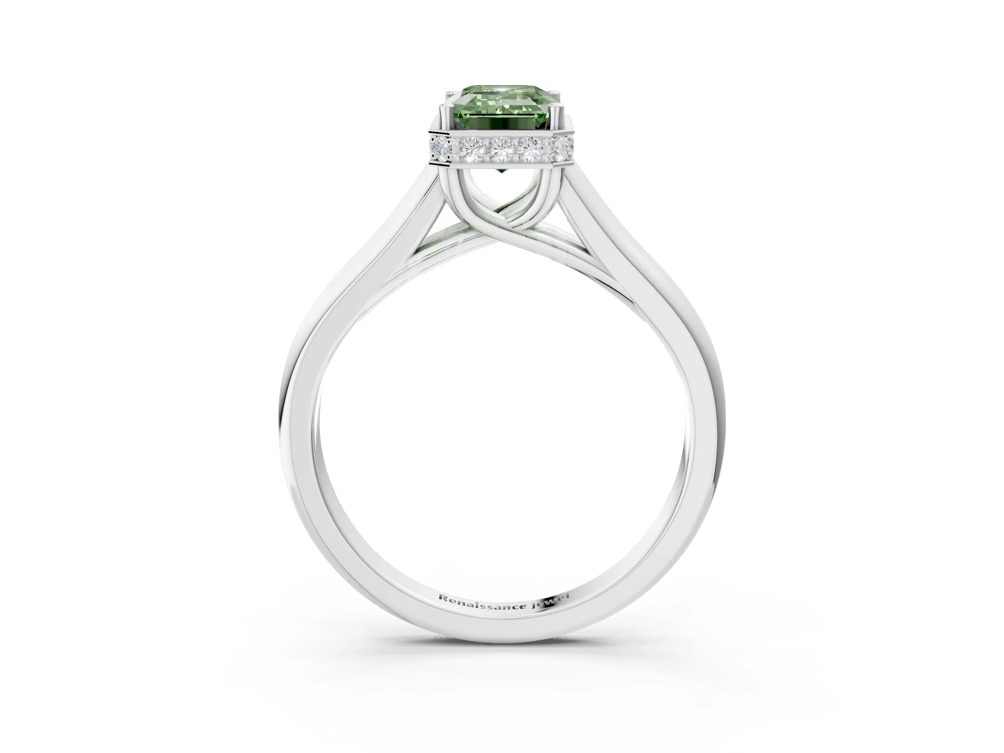 White gold Fancy Green Emerald Cut Solitaire Diamond Engagement Ring with Four-Prong Setting and Tapered Band_15