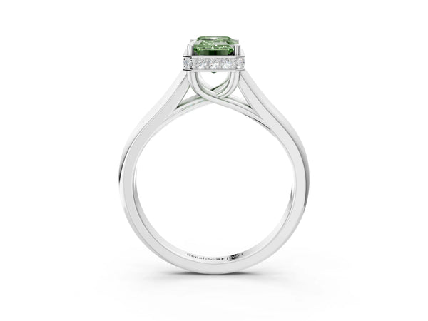 Platinum Fancy Green Emerald Cut Solitaire Diamond Engagement Ring with Four-Prong Setting and Tapered Band