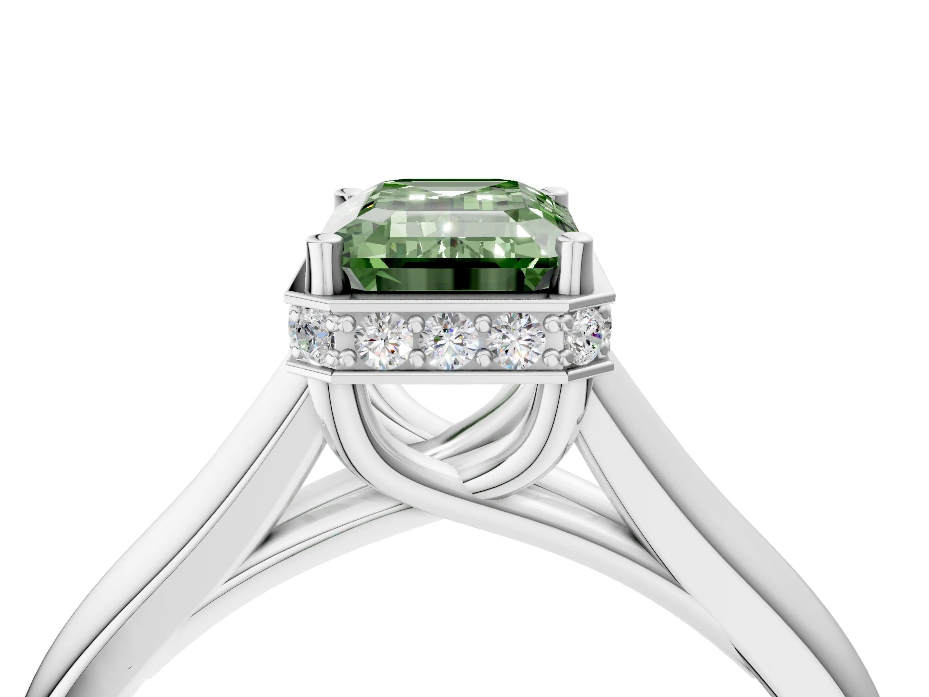 White gold Fancy Green Emerald Cut Solitaire Diamond Engagement Ring with Four-Prong Setting and Tapered Band_16