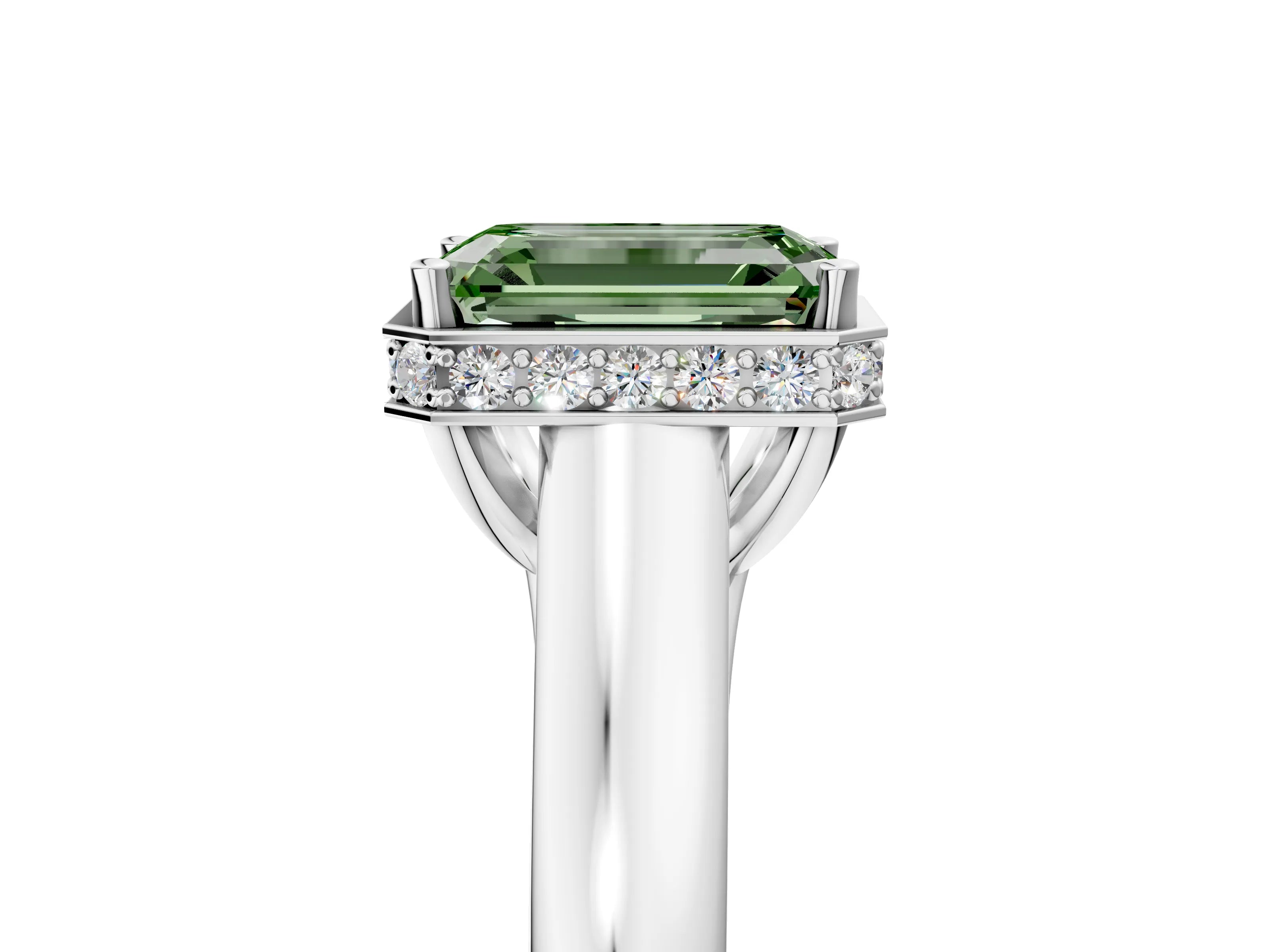 White gold Fancy Green Emerald Cut Solitaire Diamond Engagement Ring with Four-Prong Setting and Tapered Band_17