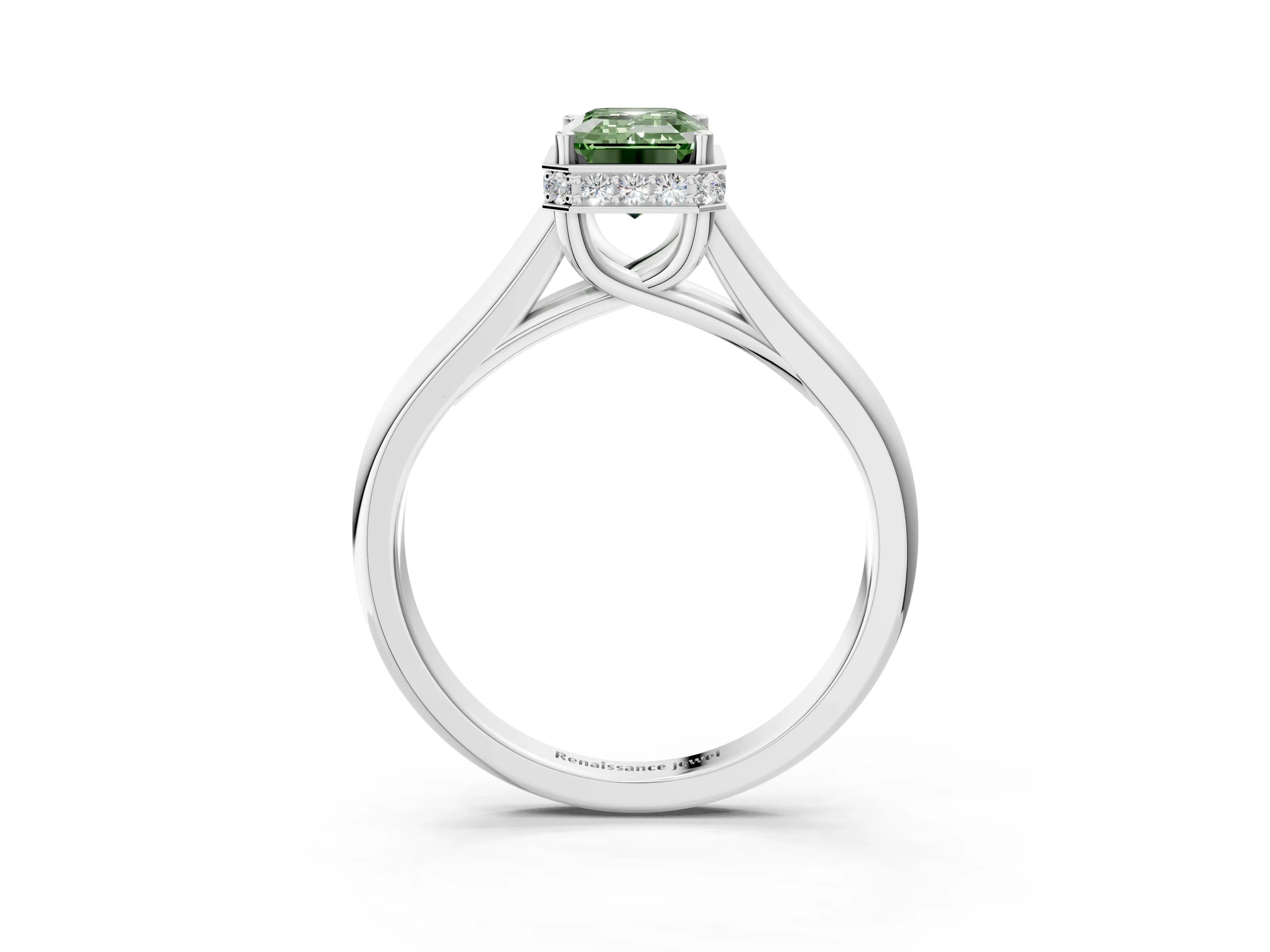 White gold Fancy Green Emerald Cut Solitaire Diamond Engagement Ring with Four-Prong Setting and Tapered Band_3