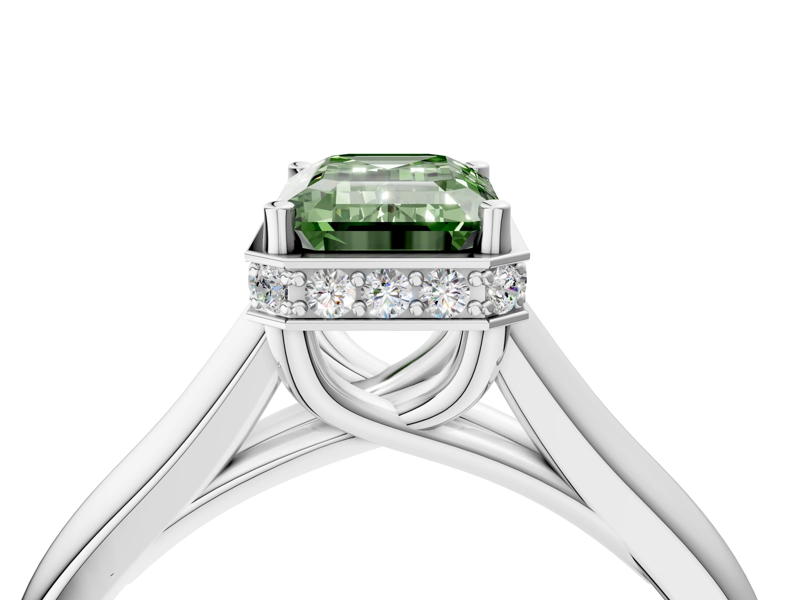 White gold Fancy Green Emerald Cut Solitaire Diamond Engagement Ring with Four-Prong Setting and Tapered Band_4