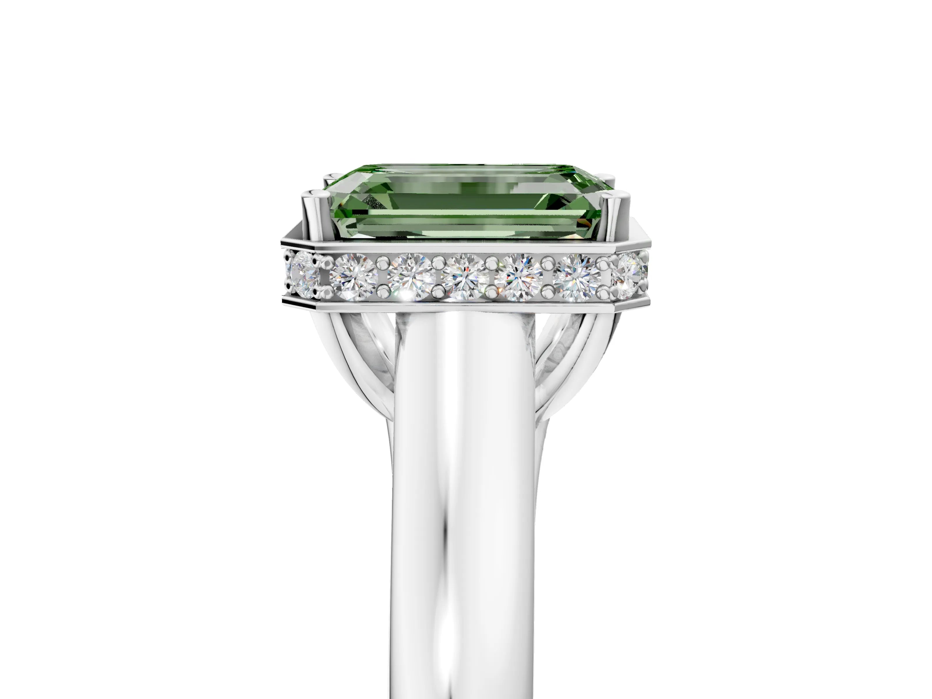 White gold Fancy Green Emerald Cut Solitaire Diamond Engagement Ring with Four-Prong Setting and Tapered Band_5