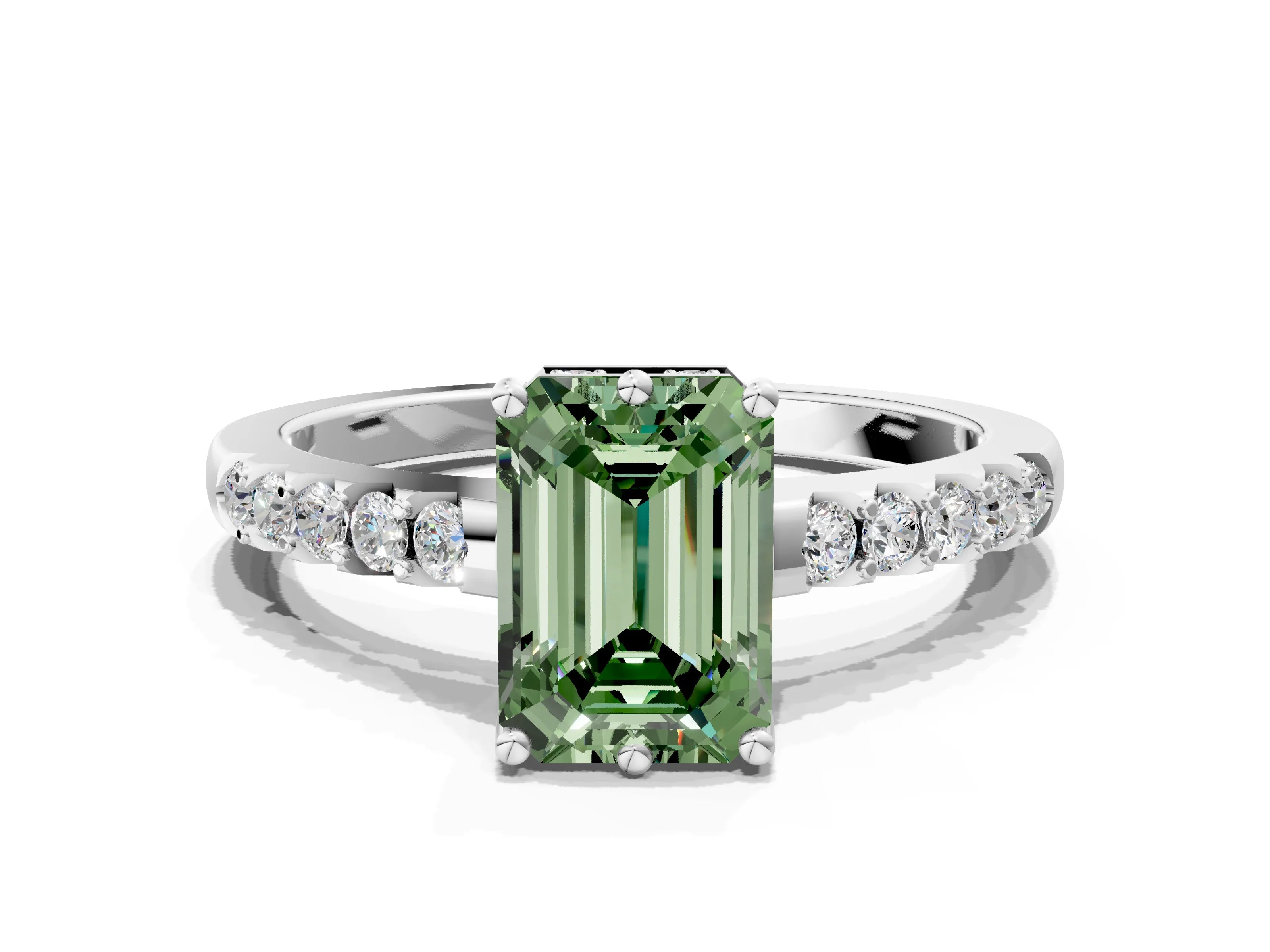 White gold Fancy Green Emerald Cut Solitaire Diamond Engagement Ring with Pavé Band and Six-Prong Setting_12
