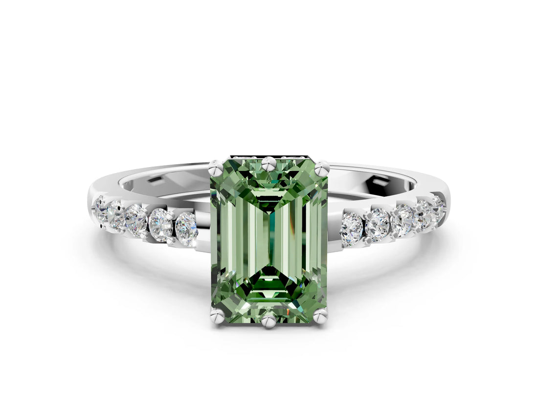 White gold Fancy Green Emerald Cut Solitaire Diamond Engagement Ring with Pavé Band and Six-Prong Setting_12