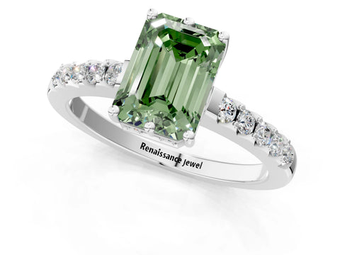 White gold Fancy Green Emerald Cut Solitaire Diamond Engagement Ring with Pavé Band and Six-Prong Setting_13